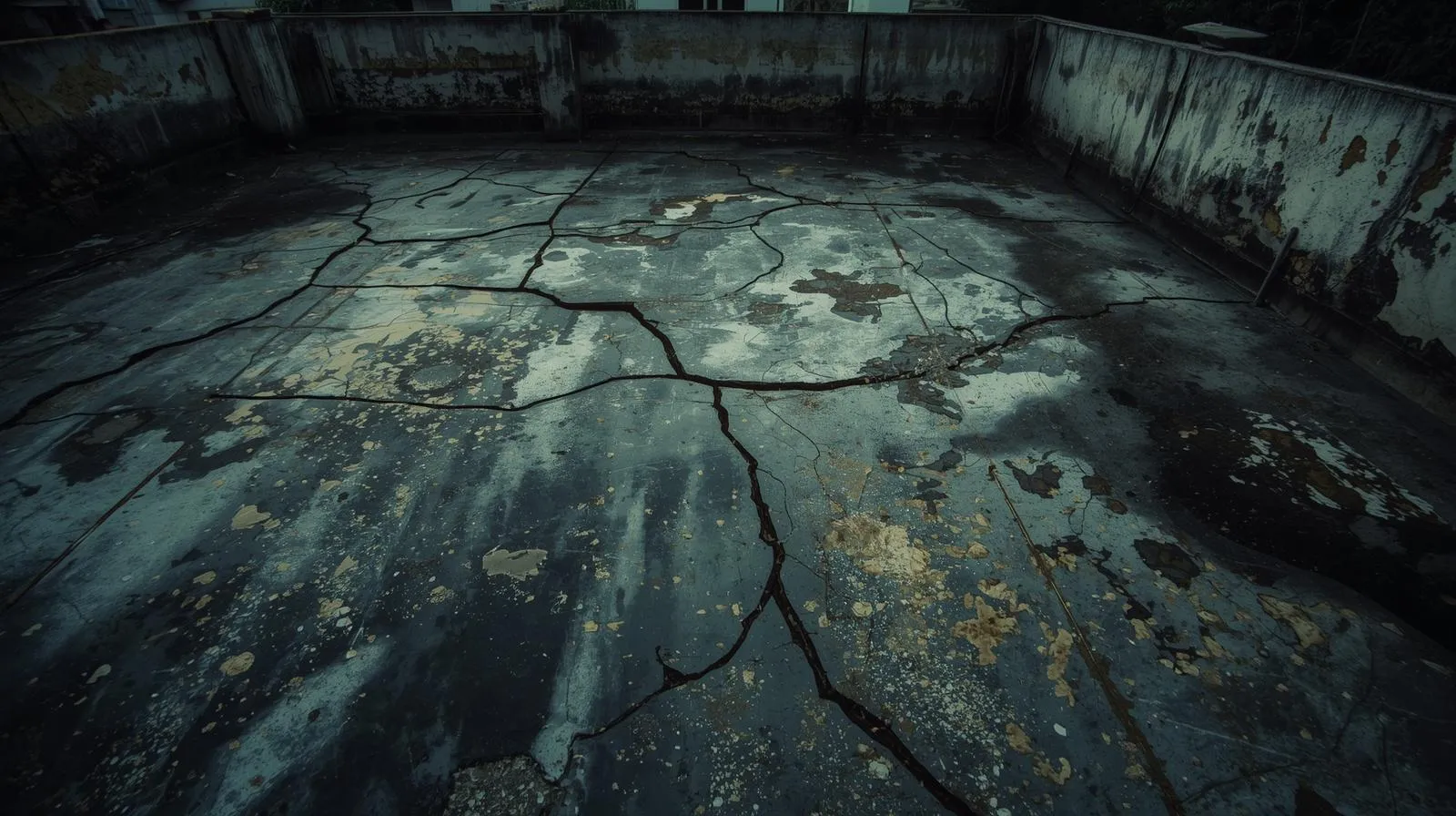 Damaged terrace roof showing water leakage cracks and seepage damage in Indian home