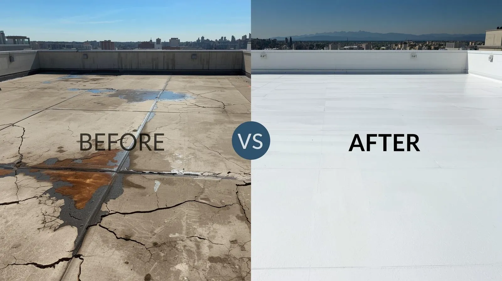 Before and after terrace waterproofing treatment showing damaged and repaired rooftop surface