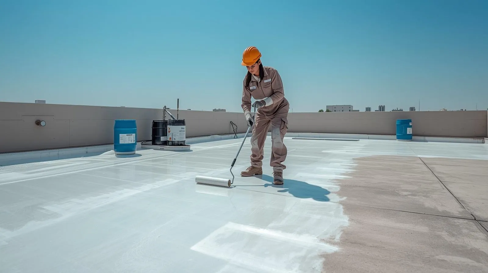 Before and after terrace waterproofing treatment showing damaged and repaired rooftop surface