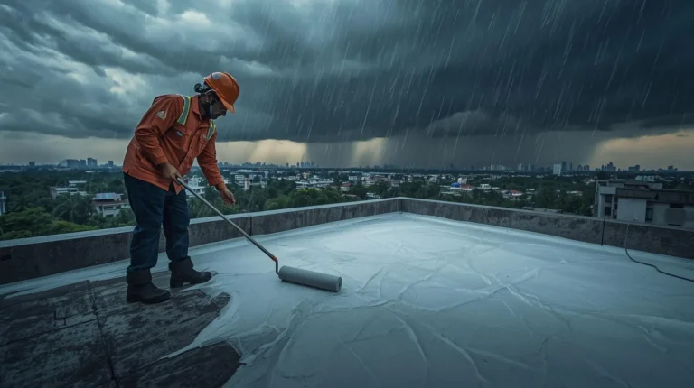 Terrace waterproofing expert applying waterproof coating before monsoon season in Gurgaon