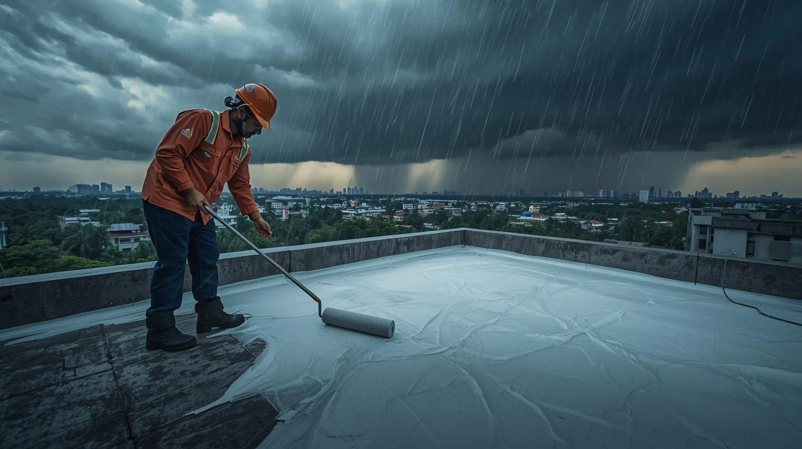 Terrace waterproofing expert applying waterproof coating before monsoon season in Gurgaon
